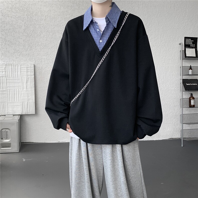 新款WY5529-P42特控78M-5XL假两件衬衫领休闲长袖卫衣,男装衬衫,电商D232