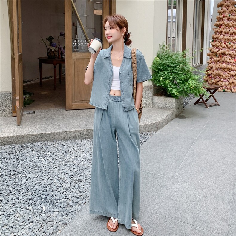 又a又飒牛仔套装女2025夏新款美式复古短袖外套高腰阔腿裤两件套,女装套装/套裙,2C168