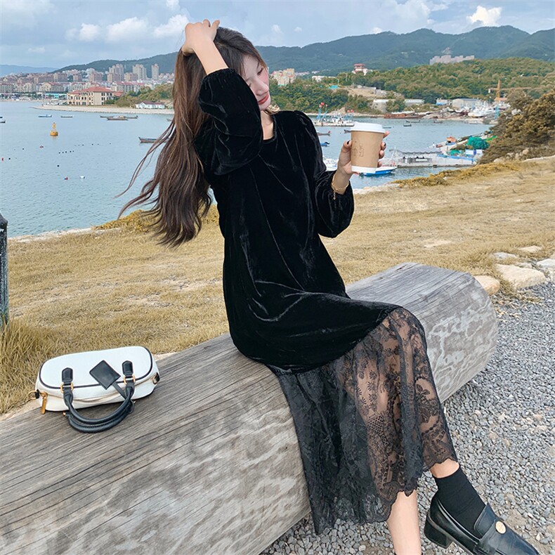 时尚黑色丝绒拼蕾丝连衣裙秋季新款显瘦气质长裙,女装连衣裙,帛锦泉
