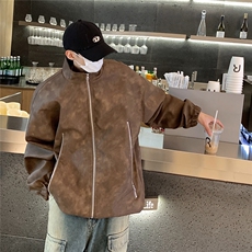 港风美式复古做旧面料双拉链大口袋PU皮衣夹克男JK77777P95控128，男装夹克，星座226-2