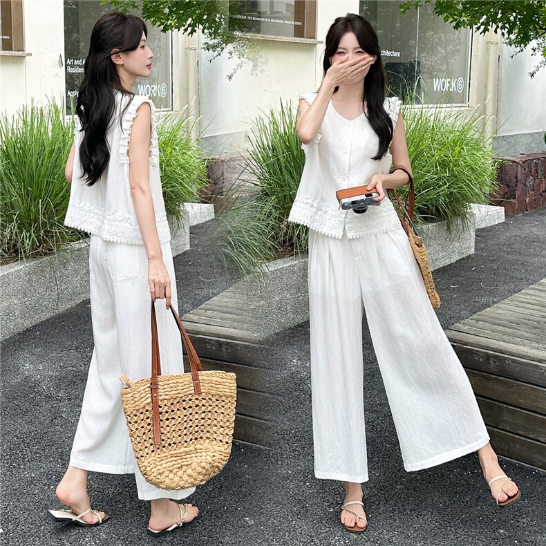2025夏新款天丝亚麻气质木耳边拼接蕾丝马甲阔腿裤两件套套装，女装套装/套裙，瑶迪依秀