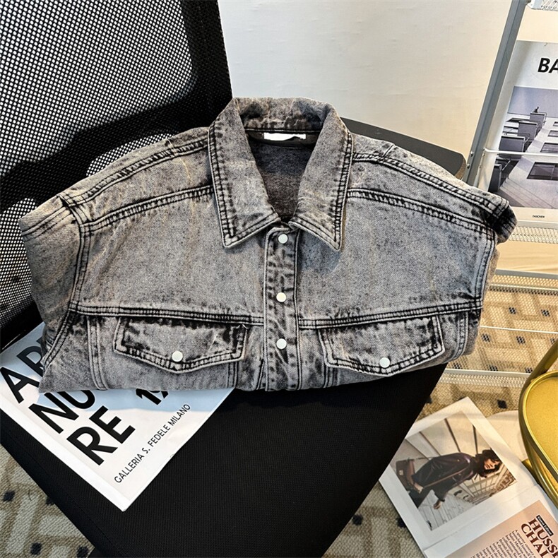新款复古水洗做旧短款牛仔套装男翻领夹克外套上衣JK08352-P78，男装休闲套装，星座308B-1