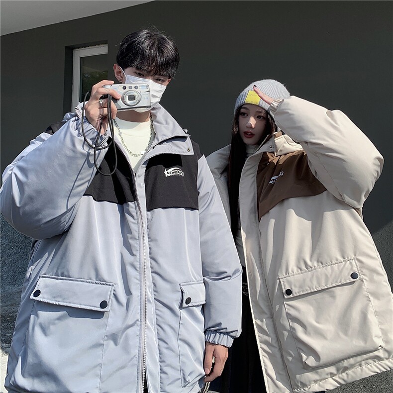 EQ343中性风冬季加厚工装棉衣外套女连帽拼接撞色情侣装棉服2023,女装棉衣/棉服,电商C306-1