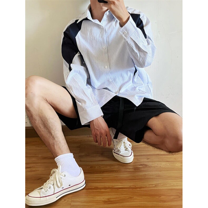 蓝白条纹拼接衬衫男长袖春秋季小众发型师男装衬衣外套C2222,男装衬衫,星座1116A（原606A-3）