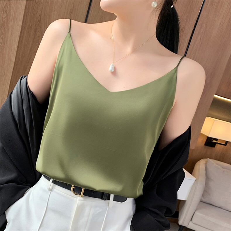 真丝吊带背心女内搭西装白色黑色打底缎面桑蚕丝上衣小夏季v领,女装背心吊带,朝贺羊绒