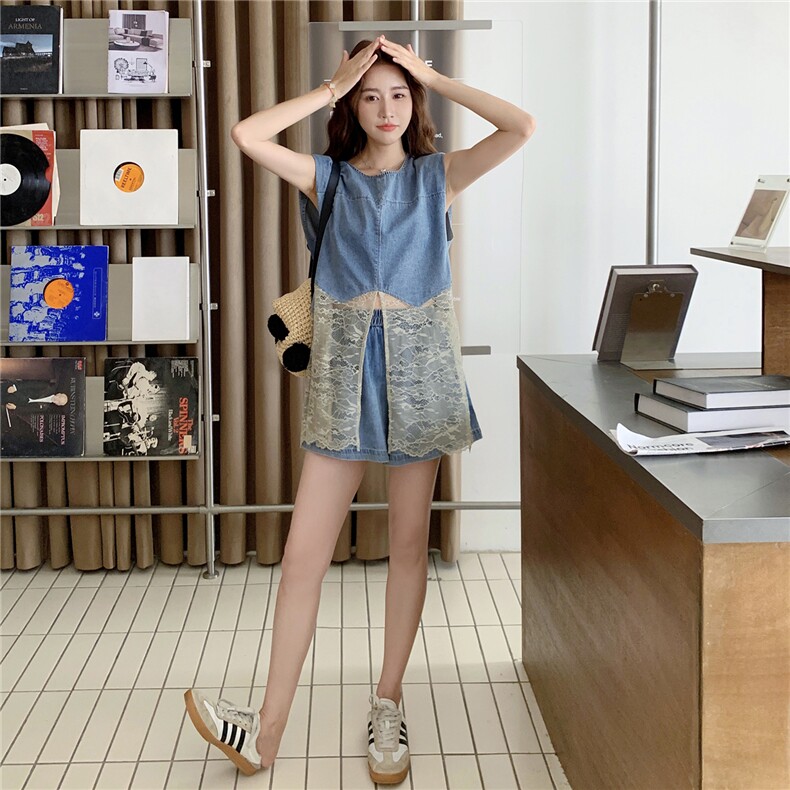 设计感蕾丝拼接牛仔背心套装女2025夏季新款小个子阔腿短裤两件套,女装套装/套裙,维壹