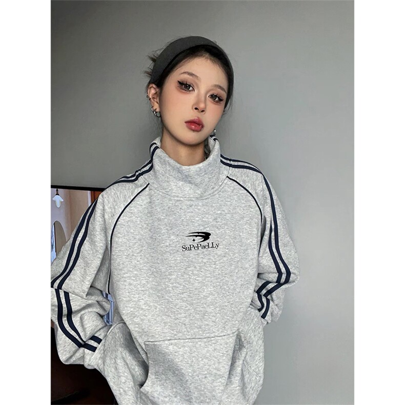 抖音得物高品质  美式高街重磅结构织带高领立领印花卫衣 AW6603图片