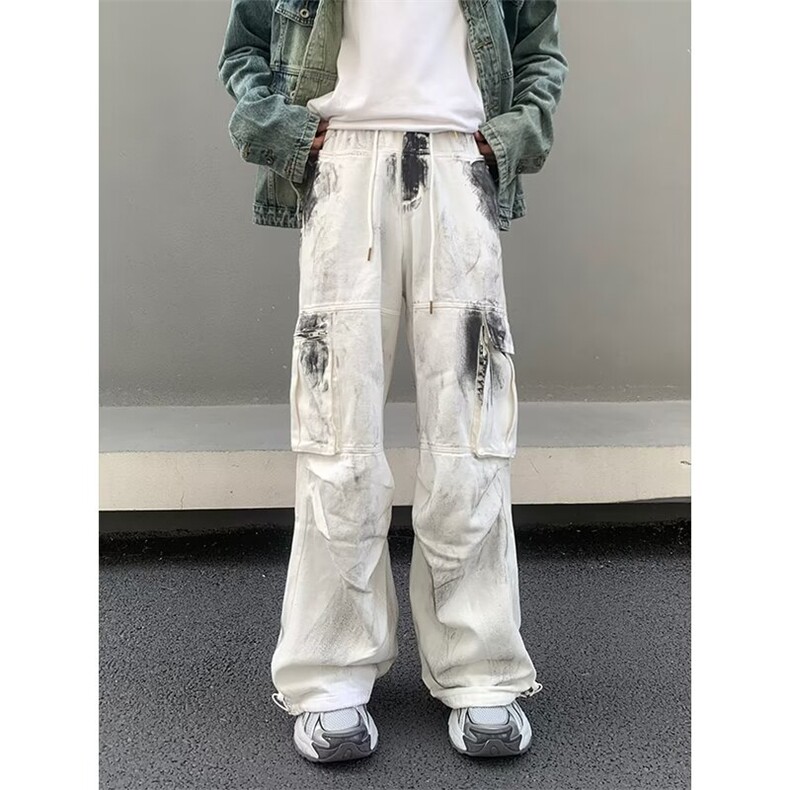 美式复古做旧涂鸦工装休闲裤男春季潮牌宽松直筒阔腿裤高街长裤子，男装工装外套，星座218-1（原230）