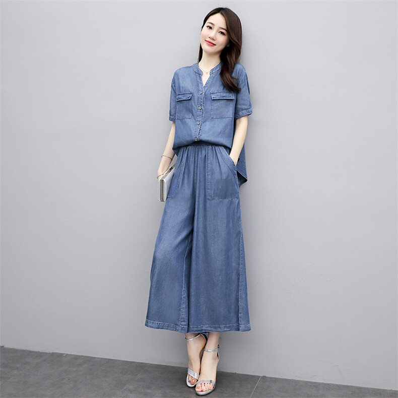 天丝牛仔套装女夏季2025新款时尚减龄遮肚子显瘦薄款阔腿裤两件套,女装套装/套裙,魅影
