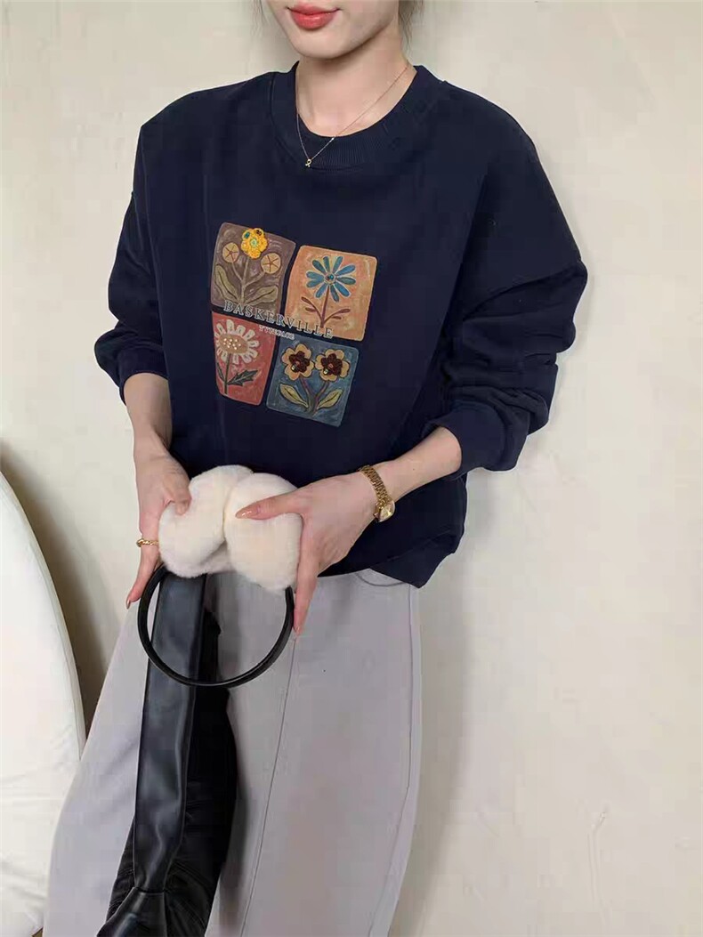 2025年秋季长袖圆领单件套头油画风花朵卫衣,女装卫衣/绒衫,湘姗