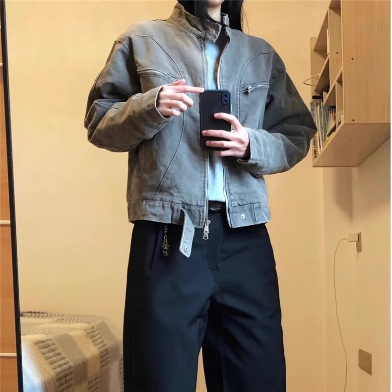 水洗灰色立领牛仔外套潮拉链短款外套美式哈灵顿夹克LF1010p85特,男装夹克,电商D256-2(原A064-2)