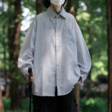 原宿青春流行新款衬衫拼色长袖日系条纹潮百搭潮流男宽松型~C3005，男装衬衫，星座601-2