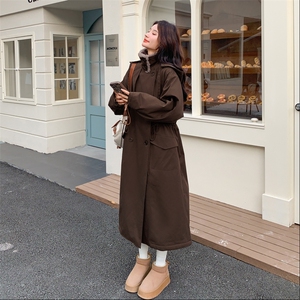 韩系加绒加厚连帽拼接风衣女中长款冬季新款宽松休闲百搭派克服图片