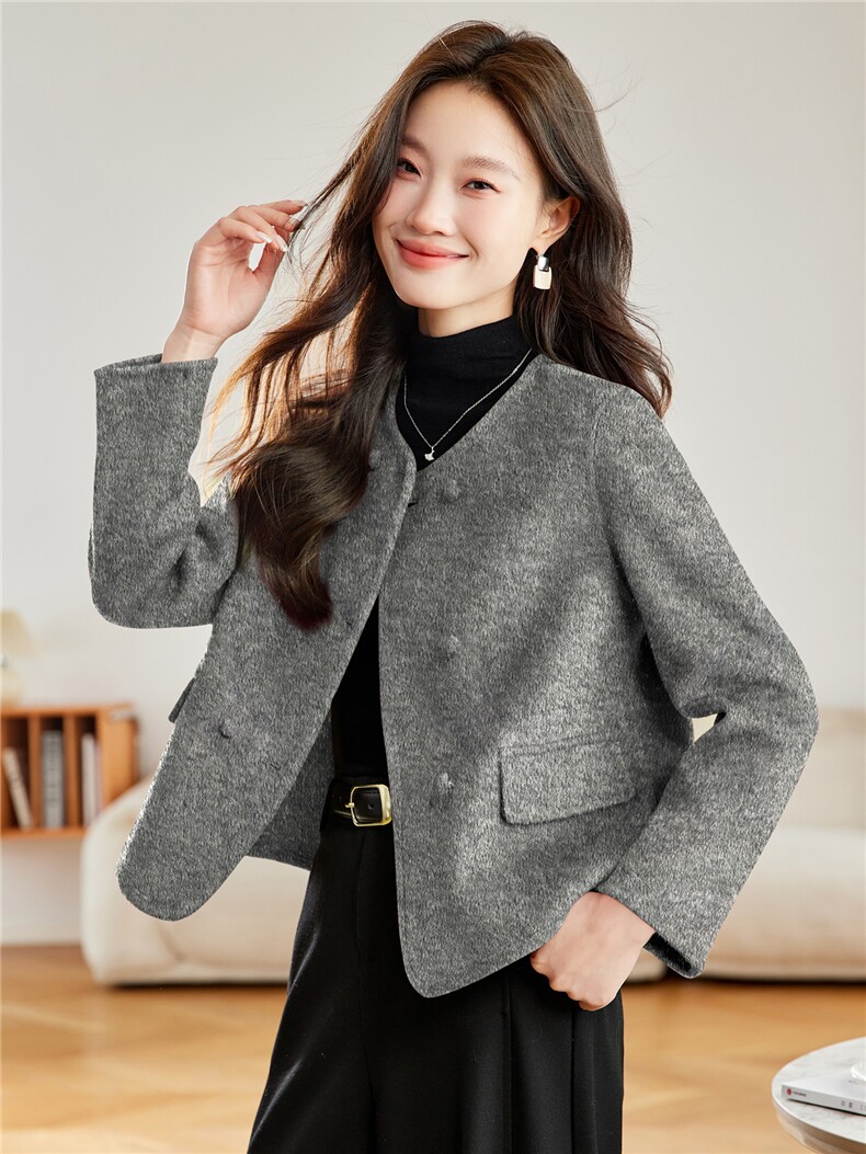 红色双面呢外套女2025秋冬新款气质双排扣小个子显瘦时尚妮子大衣,女装双面呢大衣,拾衣