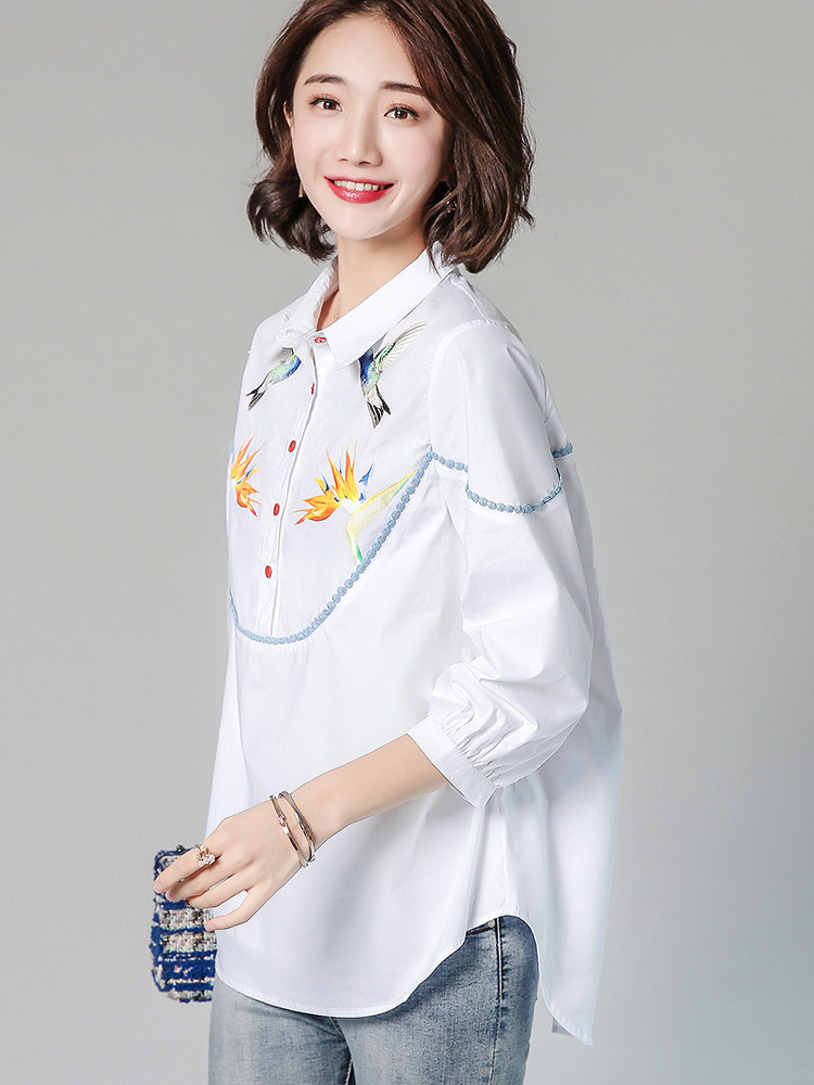 短款时尚大版衬衫印花潮流百搭舒适纽扣2021年春季,女装衬衫,深水步