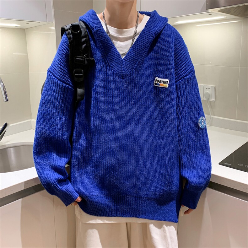 克莱因蓝秋冬男针织衫连帽V领毛衣字母贴标休闲外套M601 P45图片