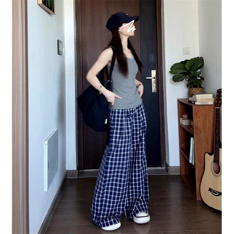 美式高街潮牌男女泡泡格子休闲裤直筒宽松慵懒显瘦阔腿休闲长裤子,男装休闲裤,电商A486