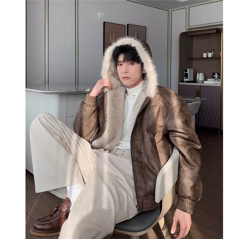 【有货】DF2229-P1152026新款皮毛一体外套男连帽加绒加厚旧皮衣,男装皮衣,星座603-2
