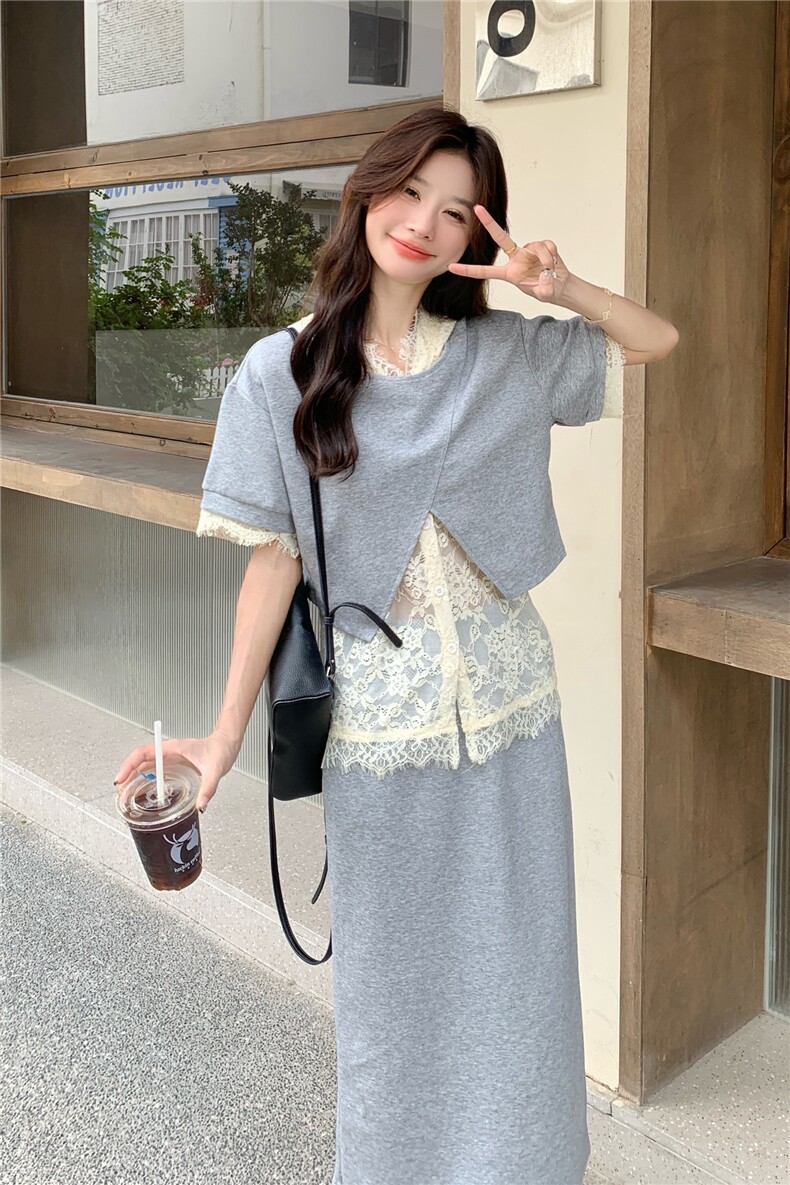 法式拼接半身裙套装女气质2025夏季新款时尚休闲蕾丝短上衣三件套,女装套装/套裙,2C133