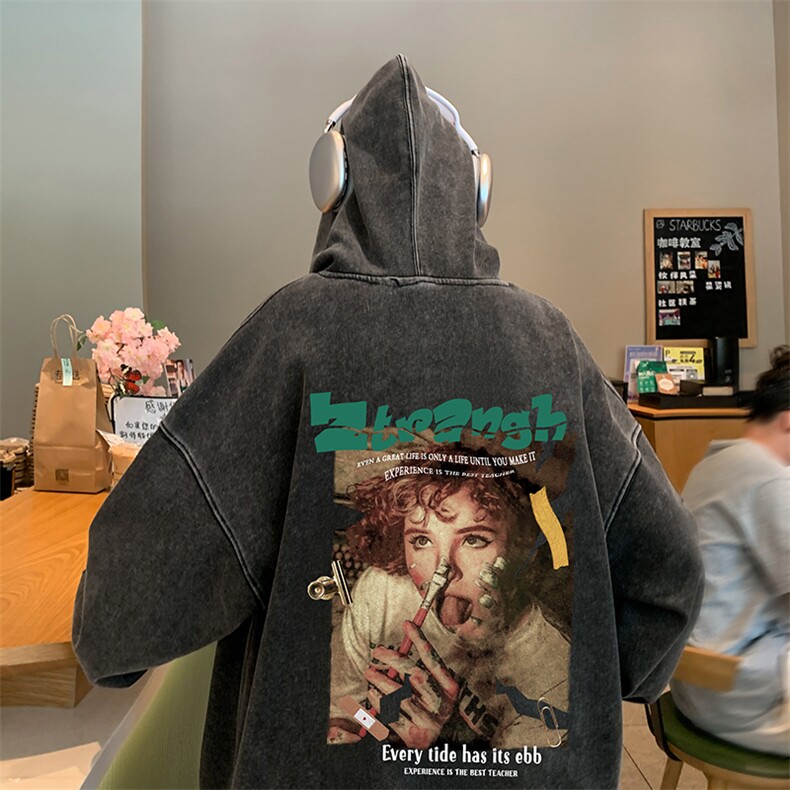 得物抖音高品质二开360克重磅做旧炒雪花纯色连帽水洗卫衣16013,男装卫衣,电商A486