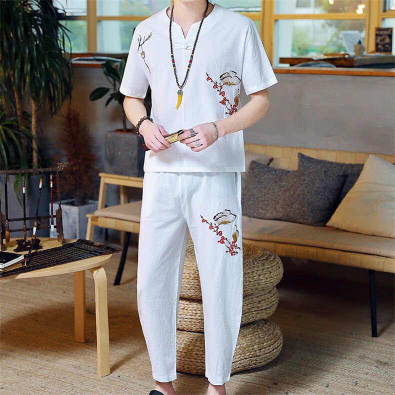 风男宽松棉麻潮流复古两件套短袖套装2021夏季新款TZ025,男装T恤,星座509