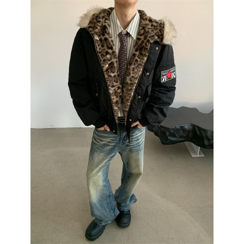 美式复古棉袄派克服豹纹毛领连帽棉服男冬季加厚棉衣外套女图片