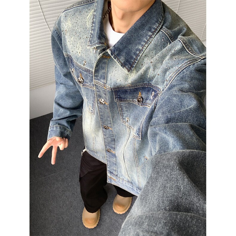 秋冬款男渐变色牛仔夹克衫烫钻金属十字架装饰外套JK1070P90,男装夹克,星座1013-1