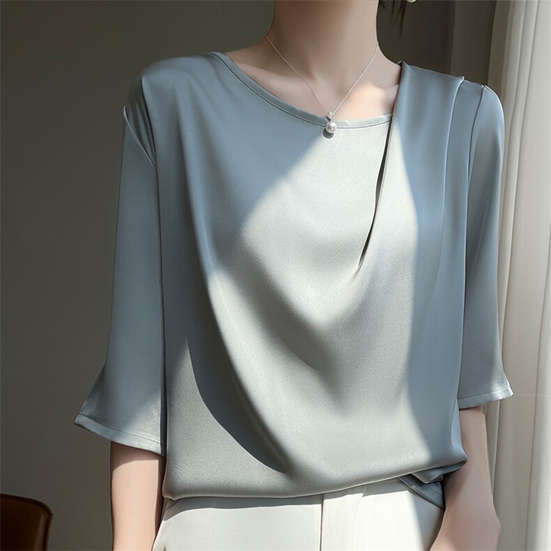真丝t恤女圆领顺滑半袖桑蚕丝褶皱缎面上衣时尚宽松夏季新款薄款，女装T恤，众策羊绒