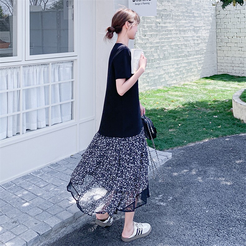 假两件拼接碎花连衣裙女2025夏季淡人巨好看慵懒风圆领休闲长裙子,女装连衣裙,2D009
