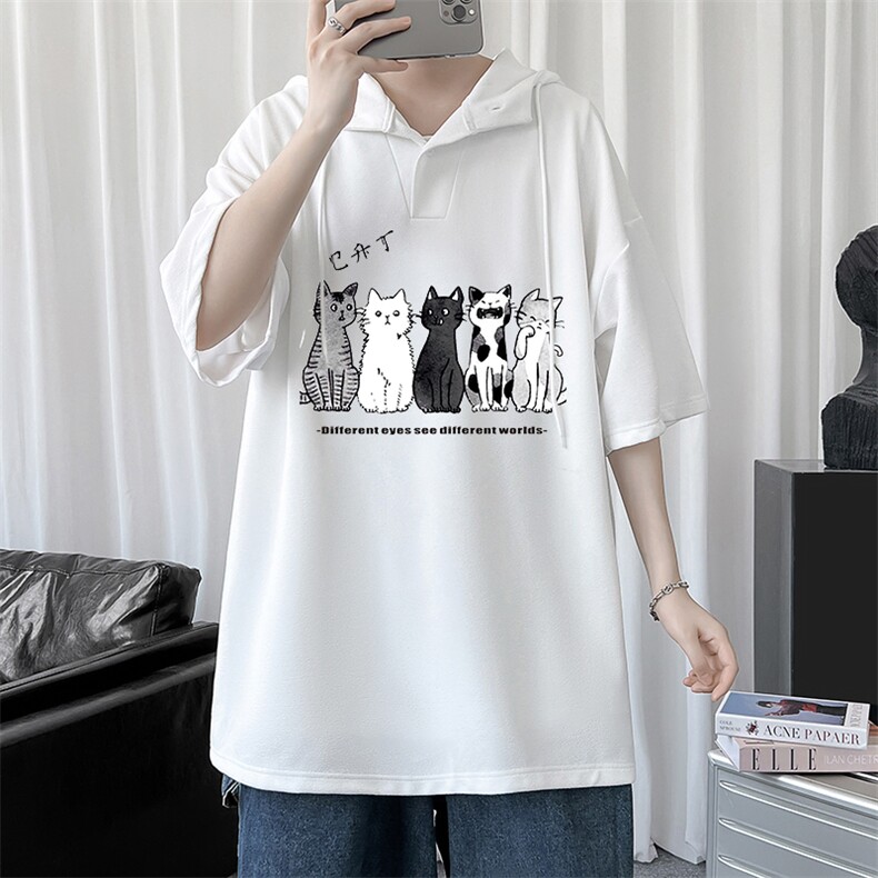 LD54100-P45 连帽短袖t恤男大码胖子带帽五分袖中袖图片