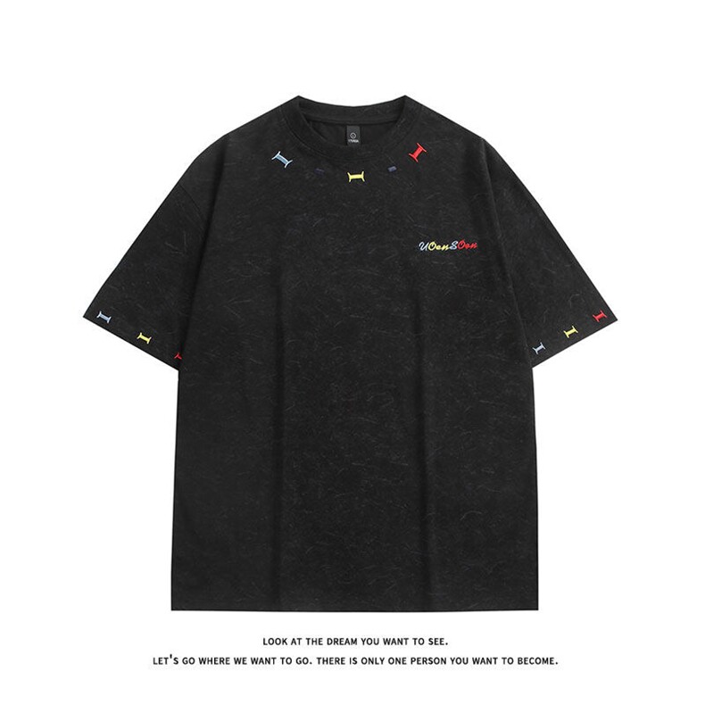 美式重磅做旧绣花短袖t恤圆领宽松半袖情侣上衣T3684-特价P35,男装T恤,电商A007