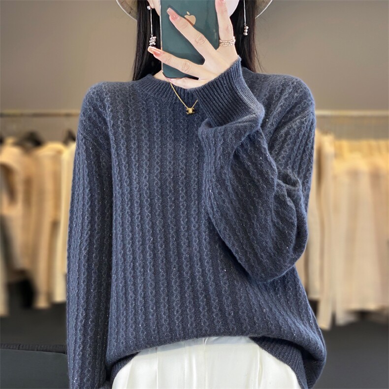 针织衫女圆领羊毛秋冬宽松短款毛衣长袖内搭打底衫,女装羊毛衫,忠诺羊绒