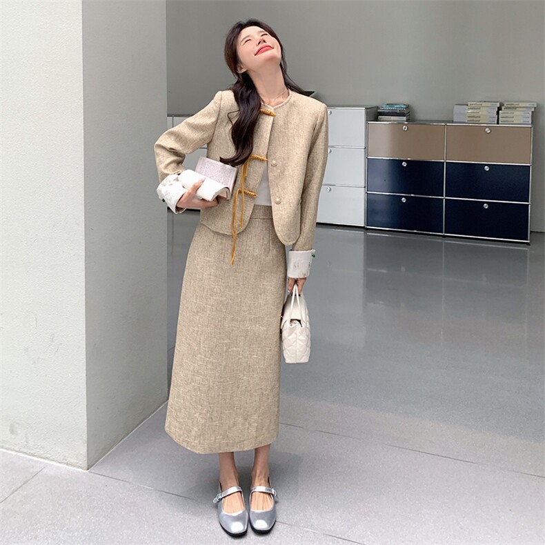 新中式国风显瘦套装女2025春秋季新款高级感盘扣外套半身裙两件套,女装套装/套裙,2C081