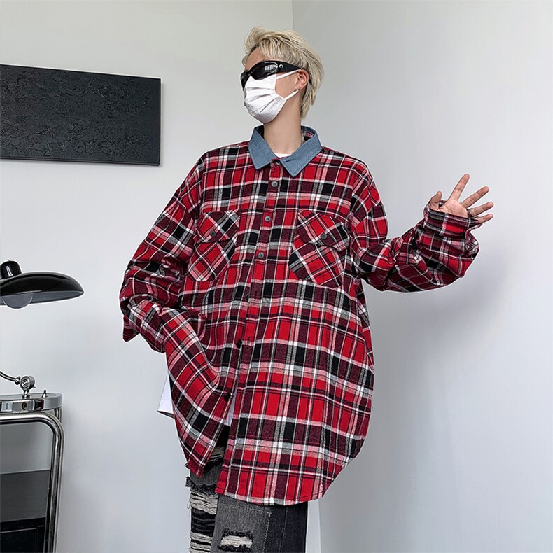秋款男长袖衬衫格子拼接牛仔领拼色宽松衬衣外套CS1321P40,男装衬衫,星座1013-1