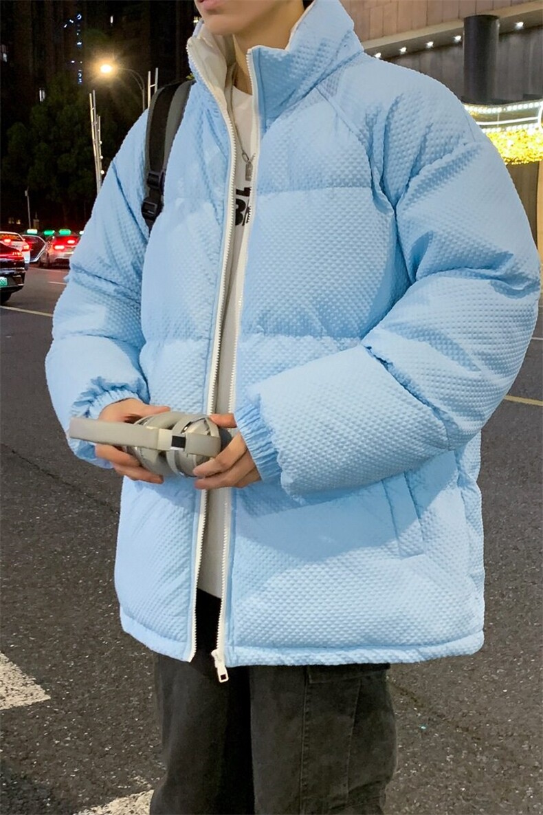 立领棉衣男士外套冬季新款加厚保暖华夫格棉服情侣款宽松冬装棉袄,男装棉衣,电商A409-1