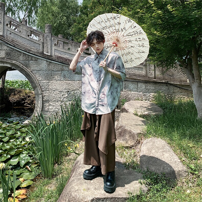 2024现货新中式新款衬衫短袖风竹叶水墨画花CS33-P65-控88图片