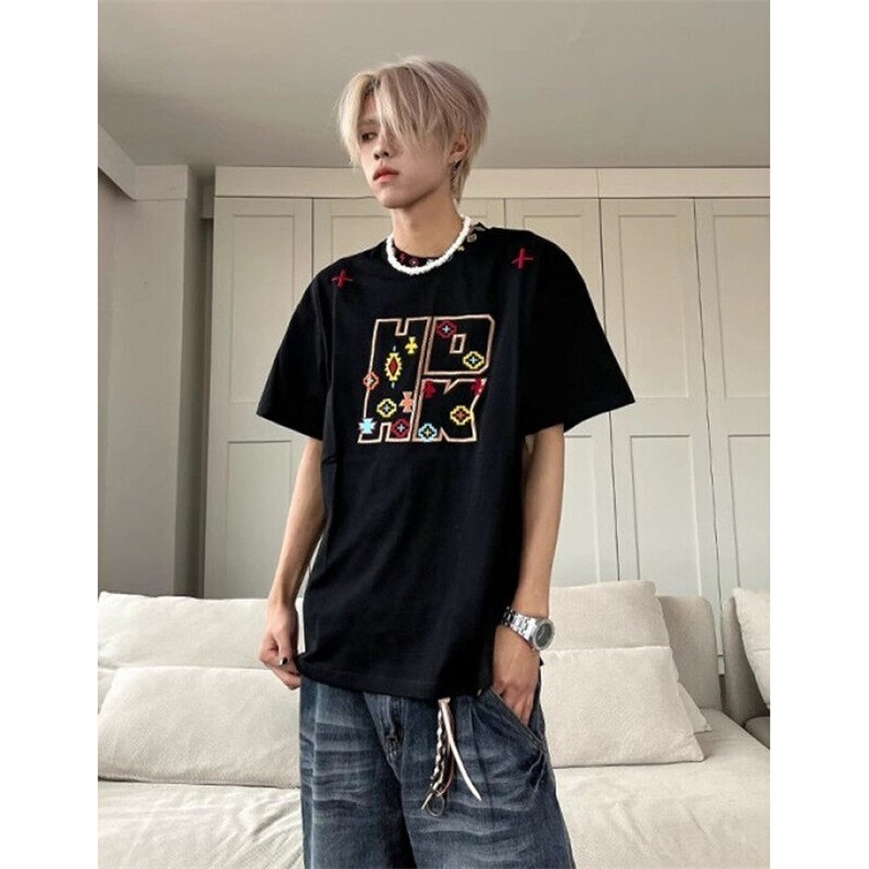 复古原创字母刺绣T恤情侣宽松夏季百搭设计男女半袖短袖T8097,男装T恤,星座1116A（原606A-3）