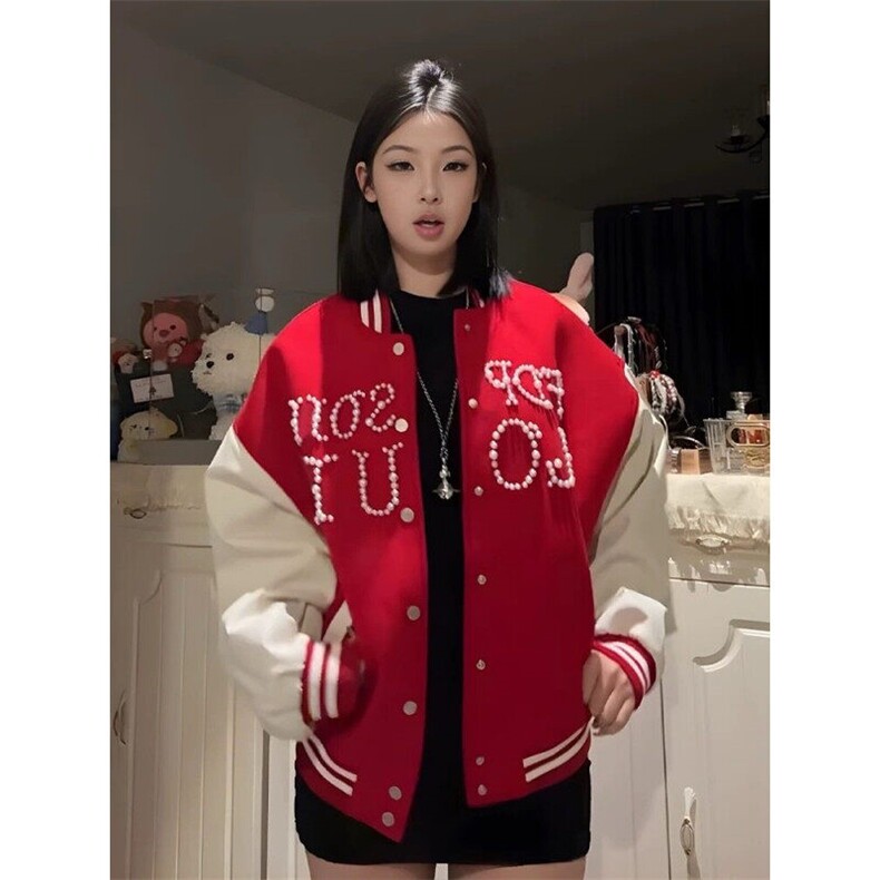 【有货】DW1013-P95 春秋珍珠红色拼接棒球服夹克图片