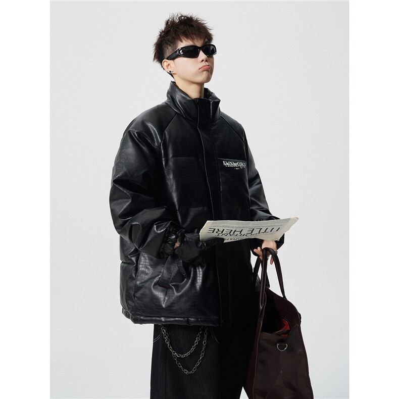 鳄鱼纹印花设计大码M-5XL手塞棉夹克PU皮棉服外套男8507P120控158,男装夹克,星座226-1
