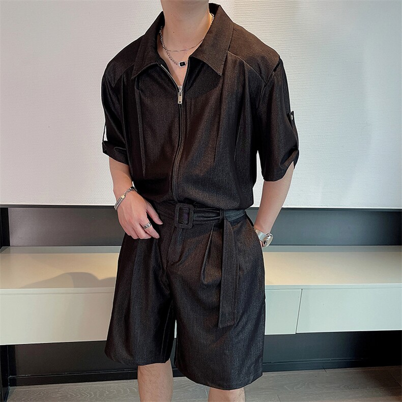 夏季网红时尚天丝牛仔中袖衬衫男套装时尚短裤两件套潮TZ262-P135,男装牛仔裤,电商B267
