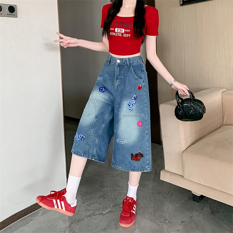 AK2290-P50趣味刺绣牛仔七分裤女夏季新款做旧水洗直筒裤,女装休闲裤,星座617A-2