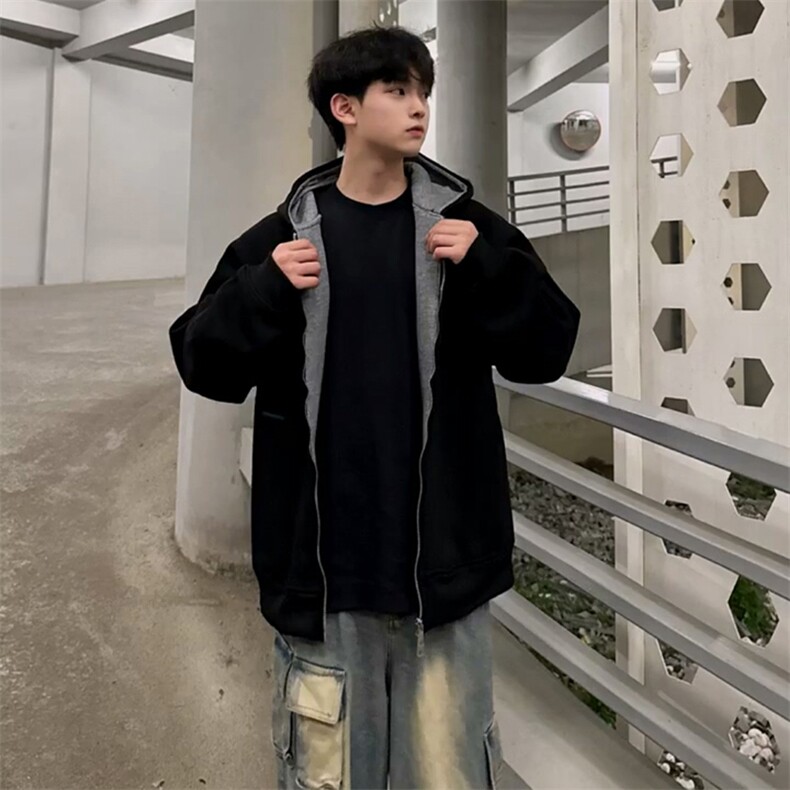 抖音得物高品质秋冬美式高街重磅结构双层双面连帽卫衣外套XS107,女装短外套,电商A486-1