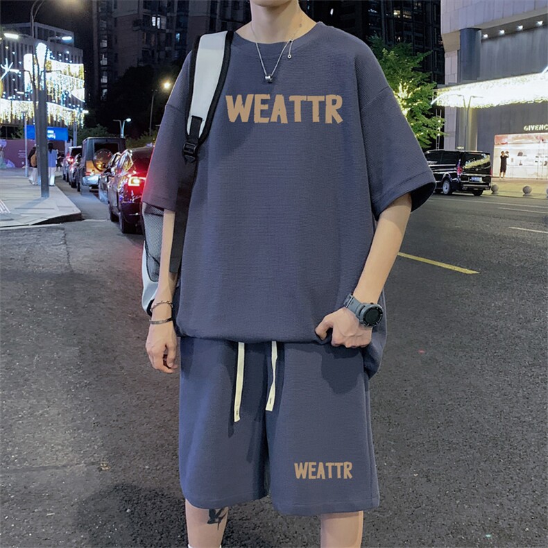 ！2024夏季男士华夫格短袖T恤一套学生运动套装HTZ96P50,男装T恤,电商B220