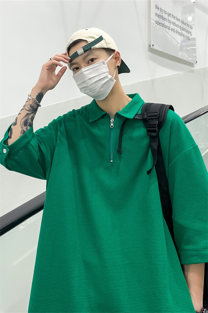 T6075/P25新款夏季华夫格polo衫T恤男大码宽松纯色简约上衣男装潮,男装T恤,电商A141