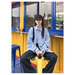 夏日韩版格子蓝色衬衫女宽松男友风衬衣宽松显瘦防晒开衫垂感外套图片