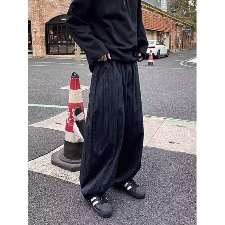 复古黑蓝竖条纹阔腿裤男美式潮牌慵懒风宽松休闲设计感拖地裤长裤,男装休闲裤,四季星座505