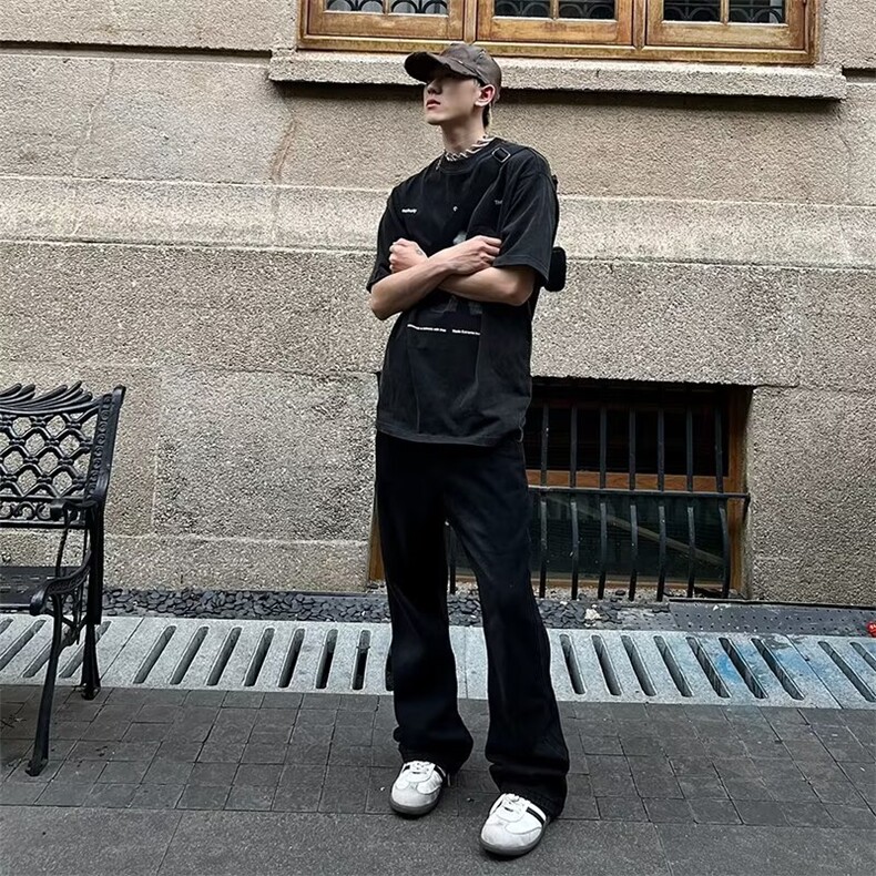 美潮高街炸街黄泥染水洗牛仔裤男线条设计感潮牌修身直筒微喇裤子,男装牛仔裤,星座1013