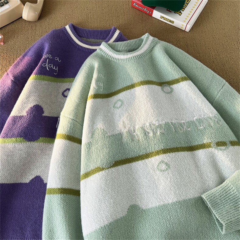 M8161/P65冬季美式时尚撞色条纹圆领?袖毛衣宽松休闲男女bf,男装针织衫/毛衣,电商A141