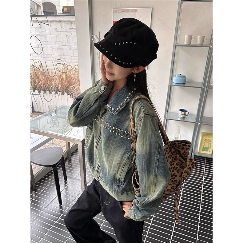 高级感钉珠设计感牛仔外套女短款宽松bf慵懒风美复古上衣JKX21,男装工装外套,星座516A