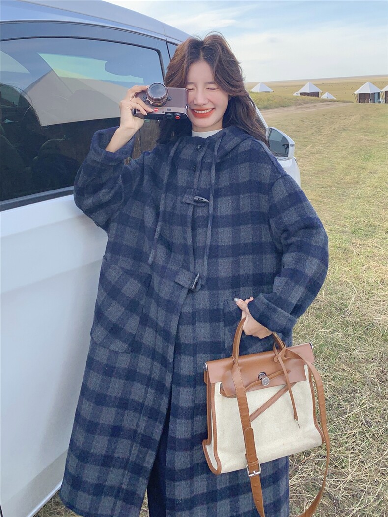 深蓝色复古格纹双面呢连帽大衣女2025秋学院风宽松休闲中长款外套,女装双面呢大衣,曼娅璐